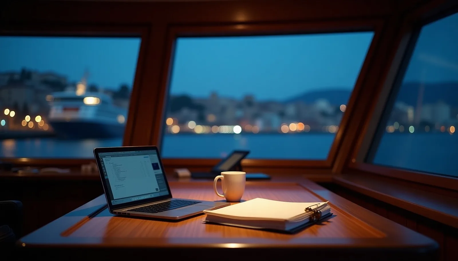 Specification desk with laptop and binder