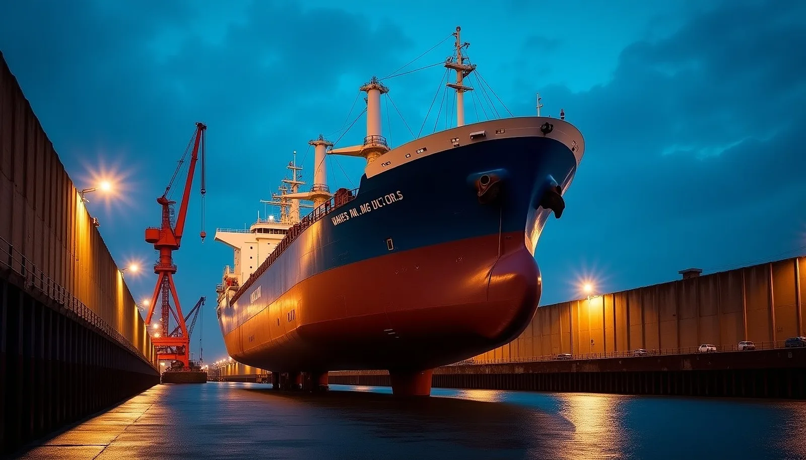 Merchant ship raised on blocks in a floodlit dry dock at dusk