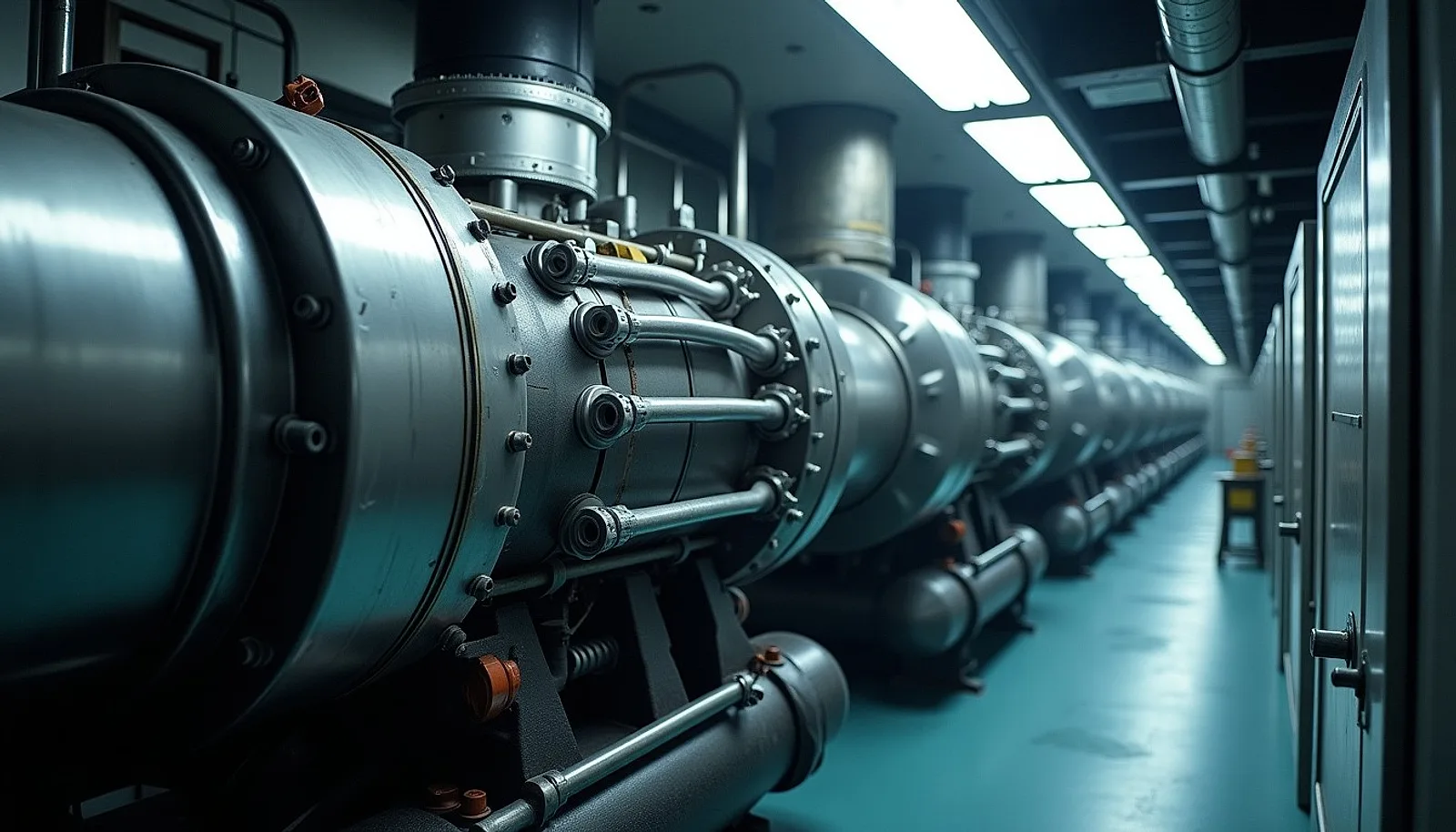Large two-stroke main engine with steel pipework in a ship engine room