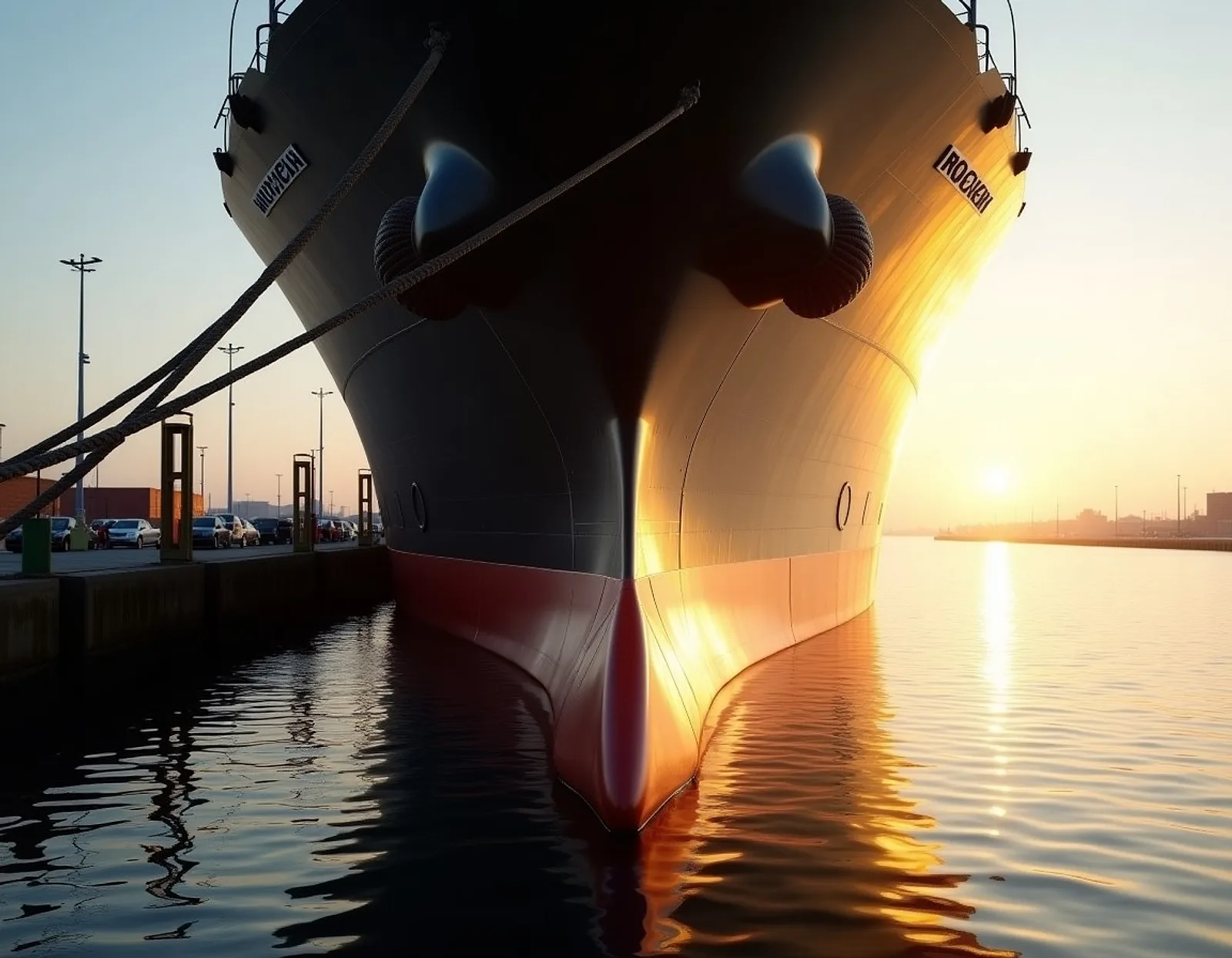 Stern of a merchant ship at the quay at golden hour