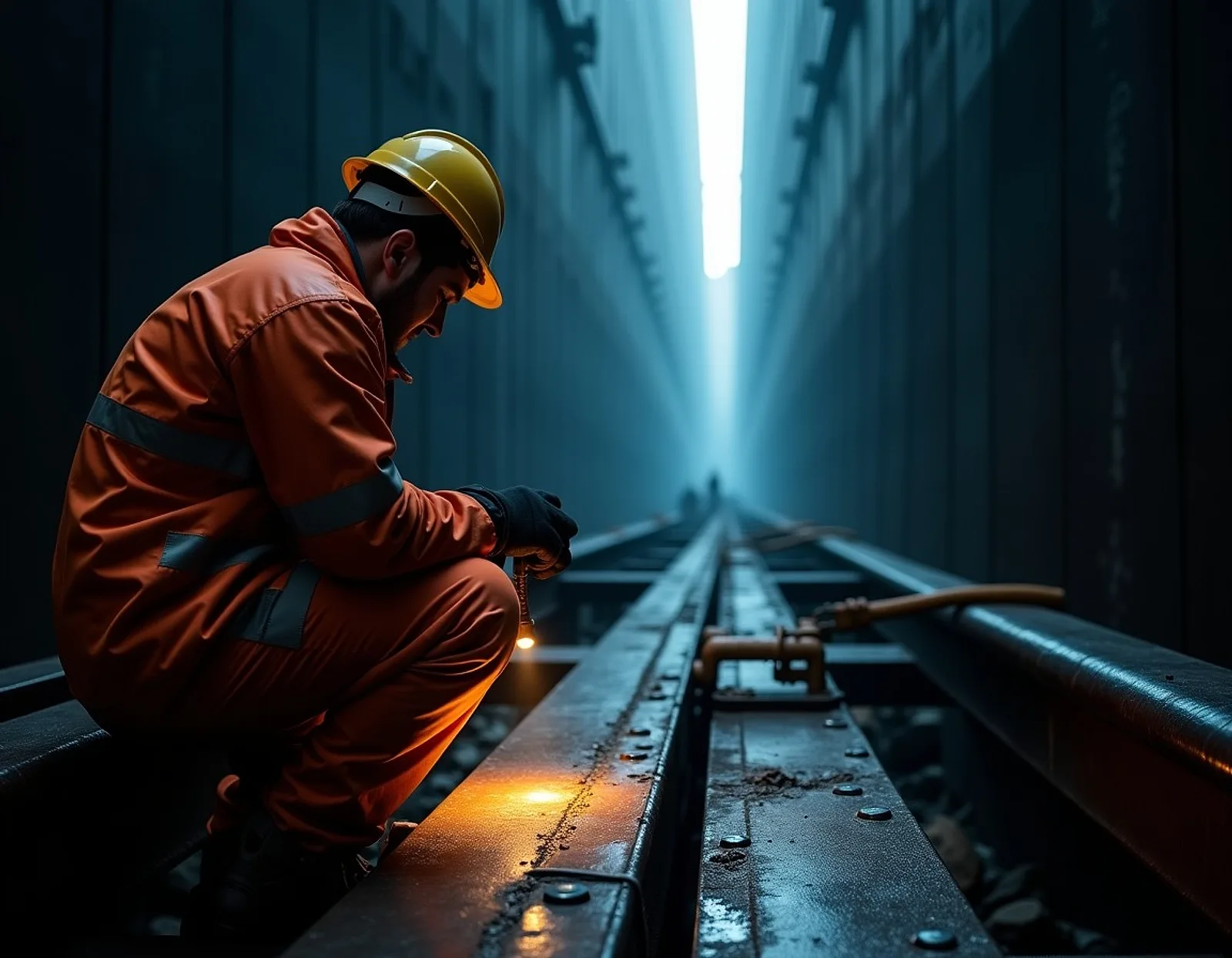 Inspector with a head torch examining frames inside a ballast tank