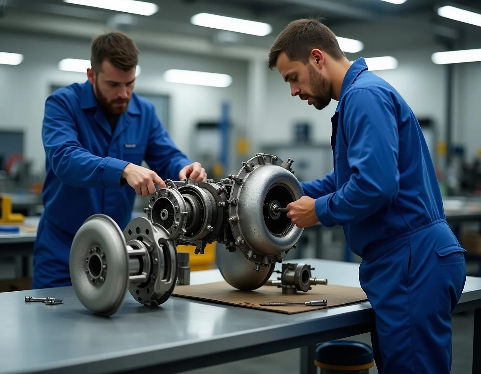 Engineers inspecting overhauled turbocharger parts