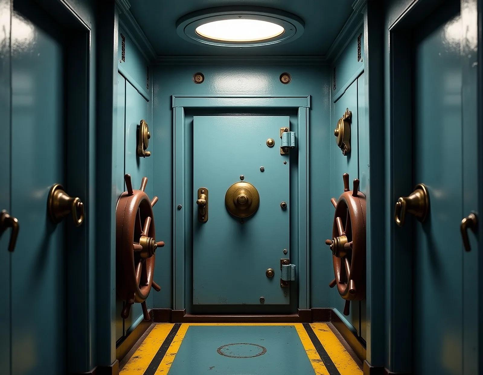 Heavy steel watertight door with hand wheels in a ship corridor